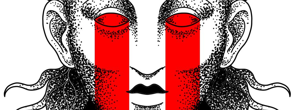 Illustration of a stylized face with red markings and flowing hair, featuring bold dotted patterns.