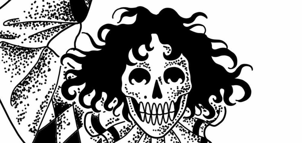 Illustration of a stylized skull with curly hair and a toothy grin, adorned with a patterned costume.